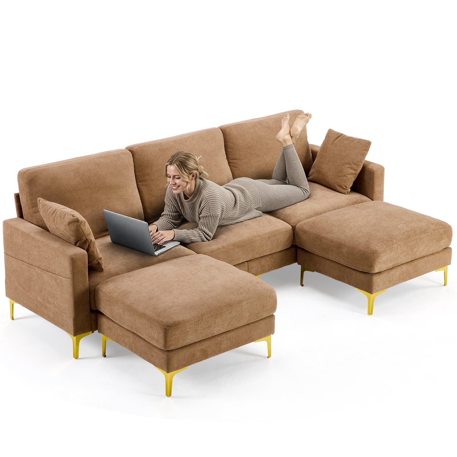 Ktaxon U-Shaped Sofa with 2 Removeable Ottoman Footrests, Flannel Deep Seating Couch for 3, Converts to Sleeper for Bedroom Living Room Furniture Khaki