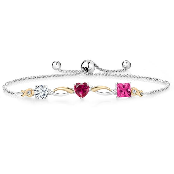 Gem Stone King 925 Silver and 10K Yellow Gold Red Created Ruby Pink Mystic Topaz and Lab Grown Diamond Tennis Bracelet for Women By Keren Hanan (2.26 cttw, Adjustable up To 9 inch)