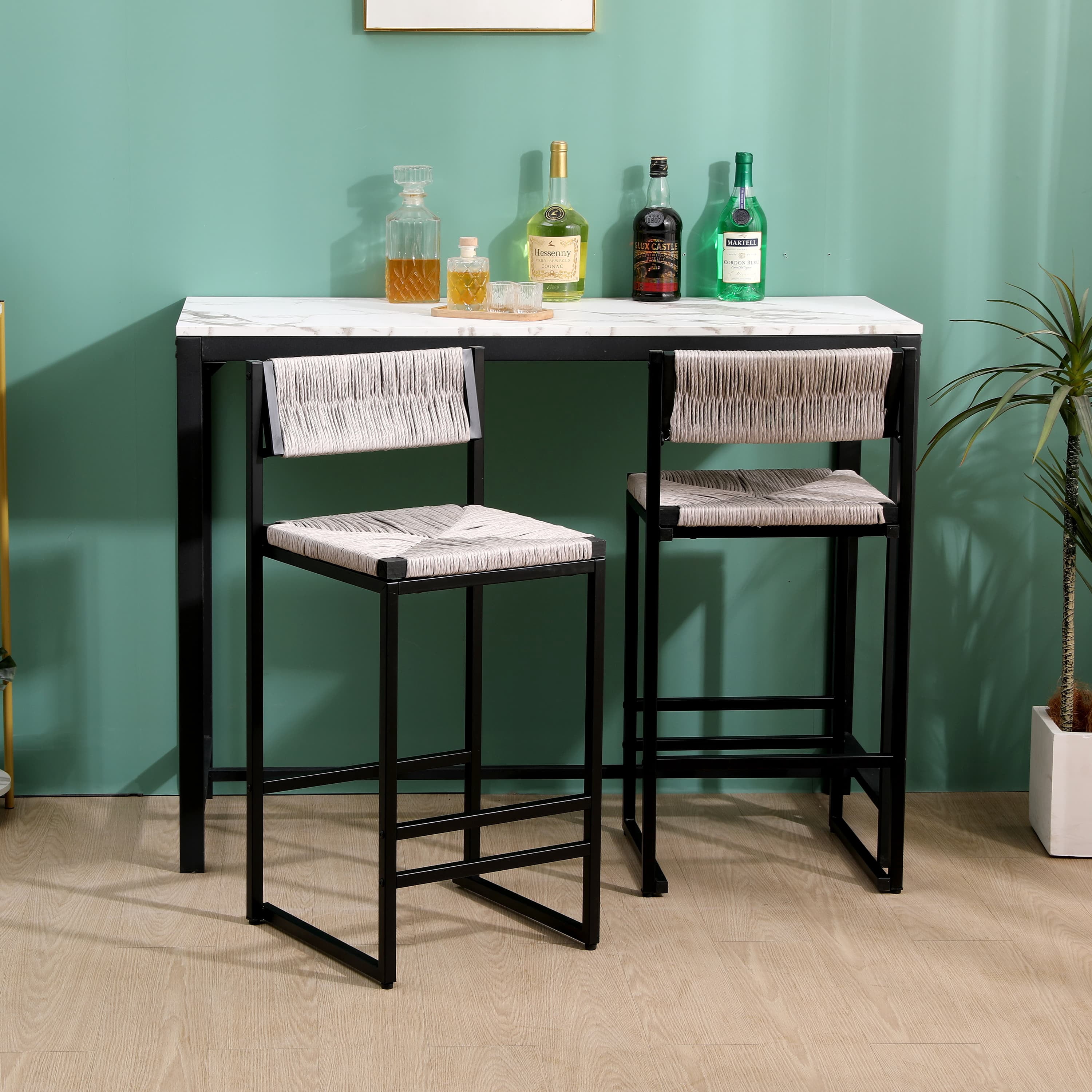 MAYEERTY Gray Handwoven Bar Stools Set of 2 - with Back, Paper Rope Woven for Kitchen/Home/Office