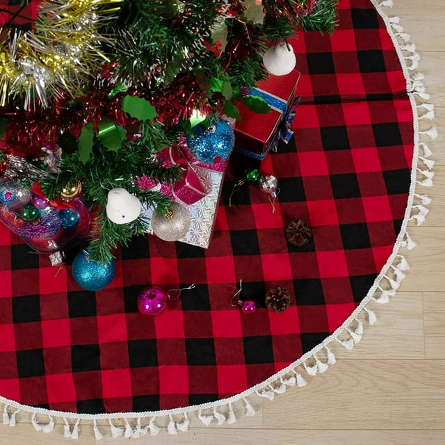 Jupe de Sapin de Noël à Carreaux Buffalo Rouge 36 Pouces Jupe de Sapin de Noël à Franges Jupe de Sapin de Noël Tricotée Décorations de Noël Vintage Moyenne Jupe de Sapin de Noël