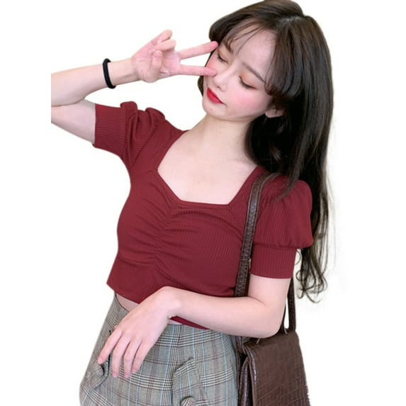 Ochine Women Summer Blouses Pleated Front Square Neck Short Puff Sleeves Solid Color Crop Top Causal Fitted Sexy T Shirts Vacation Club, Average Size