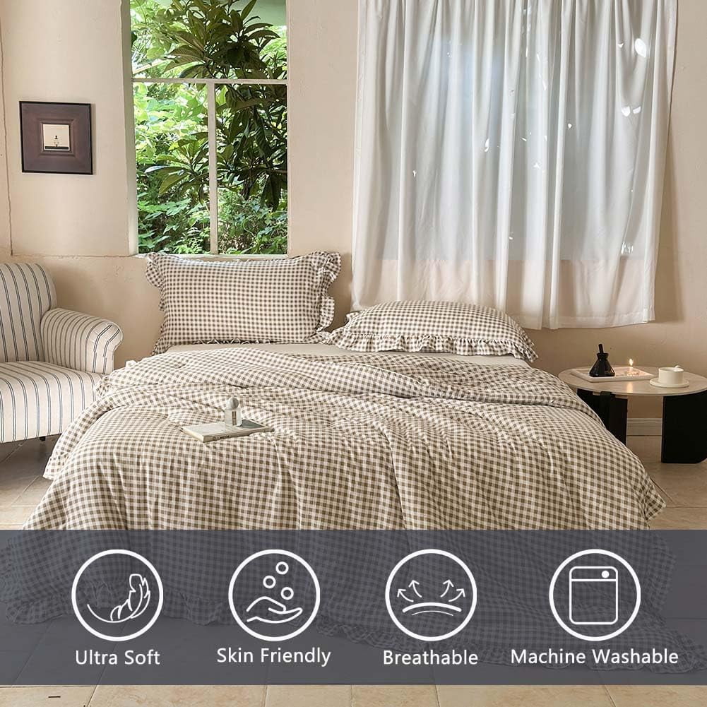 Tan Gingham Ruffle Queen Comforter Set, Taupe Ruffled Plaid Bedding Set, Ruffled Checked Bed Comforter 3 Pieces(Tan Gingham, Queen)