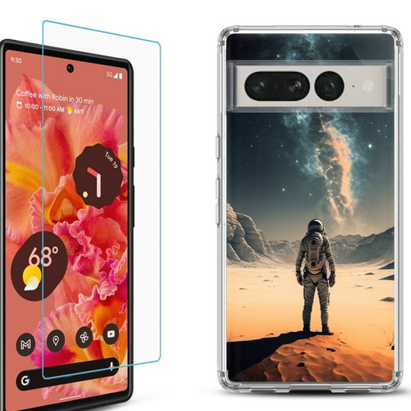 Shockproof Bumper Phone Case for Google Pixel 7, with Tempered Glass Screen Protector, by OneToughShield ® - Astronaut Milkyway