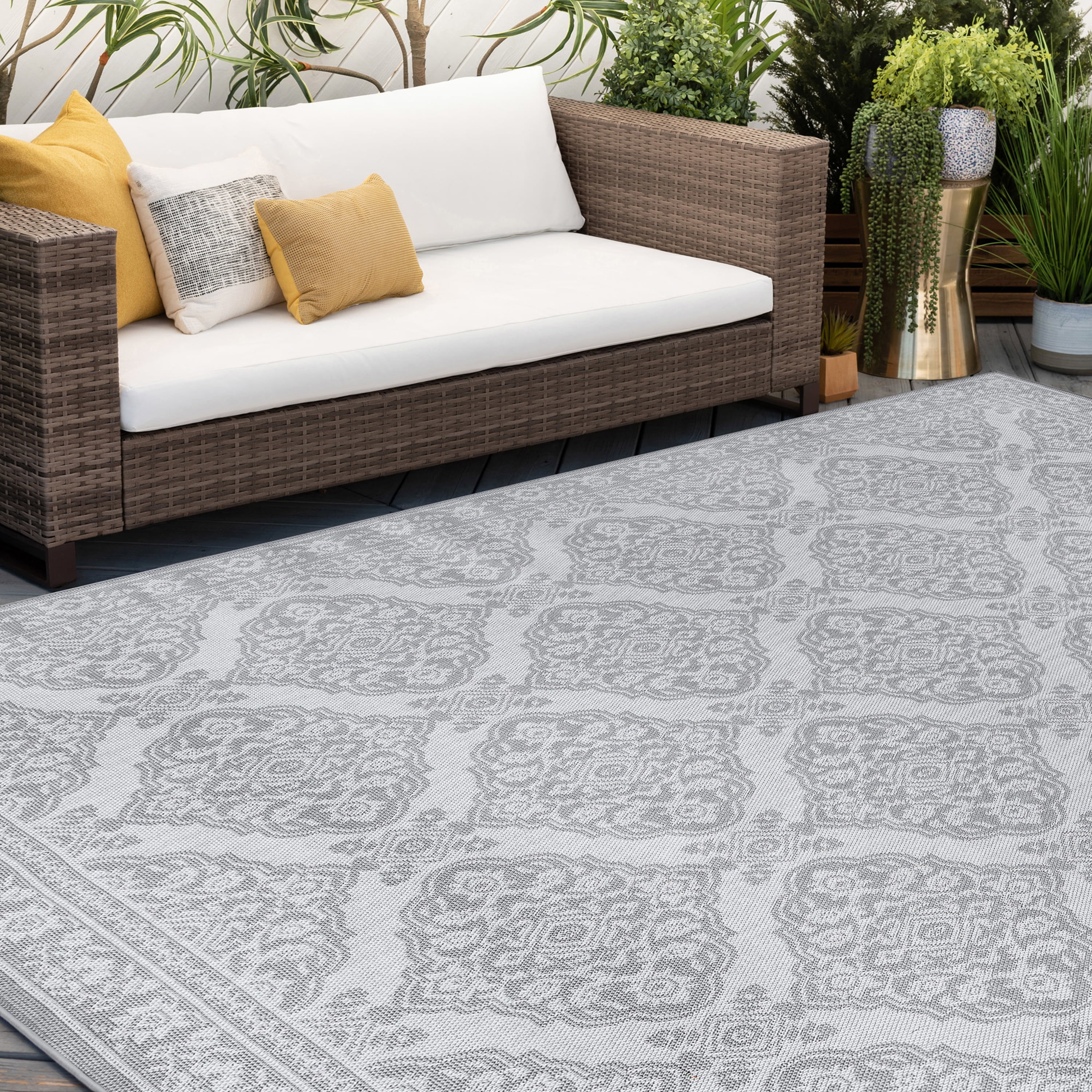 8ft Round Water Resistant, Large Indoor Outdoor Rugs for Patios, Front Door Entry, Entryway, Deck, Porch, Balcony | Outside Area Rug for Patio | Gray, Floral | Size: 7'11'' Round