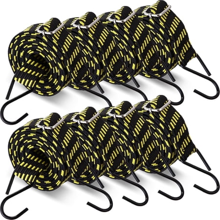 8 Pcs 80 Inch Adjustable Flat Bungee Cords with Hook Heavy Duty Elasticity Long Bungee Straps 1 Inch Width Latex Straps Anti Rust Metal Buckle Luggage Rope (Yellow Black)