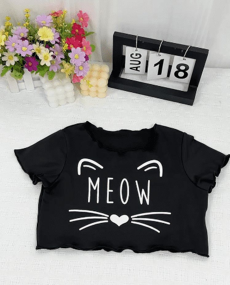 Big Girls Clothes Cute Cat Print 9 Years Kid Girls Casual Summer T-shirt Elastic Plaid Print Shorts 2Pcs Leisure Outfit Black