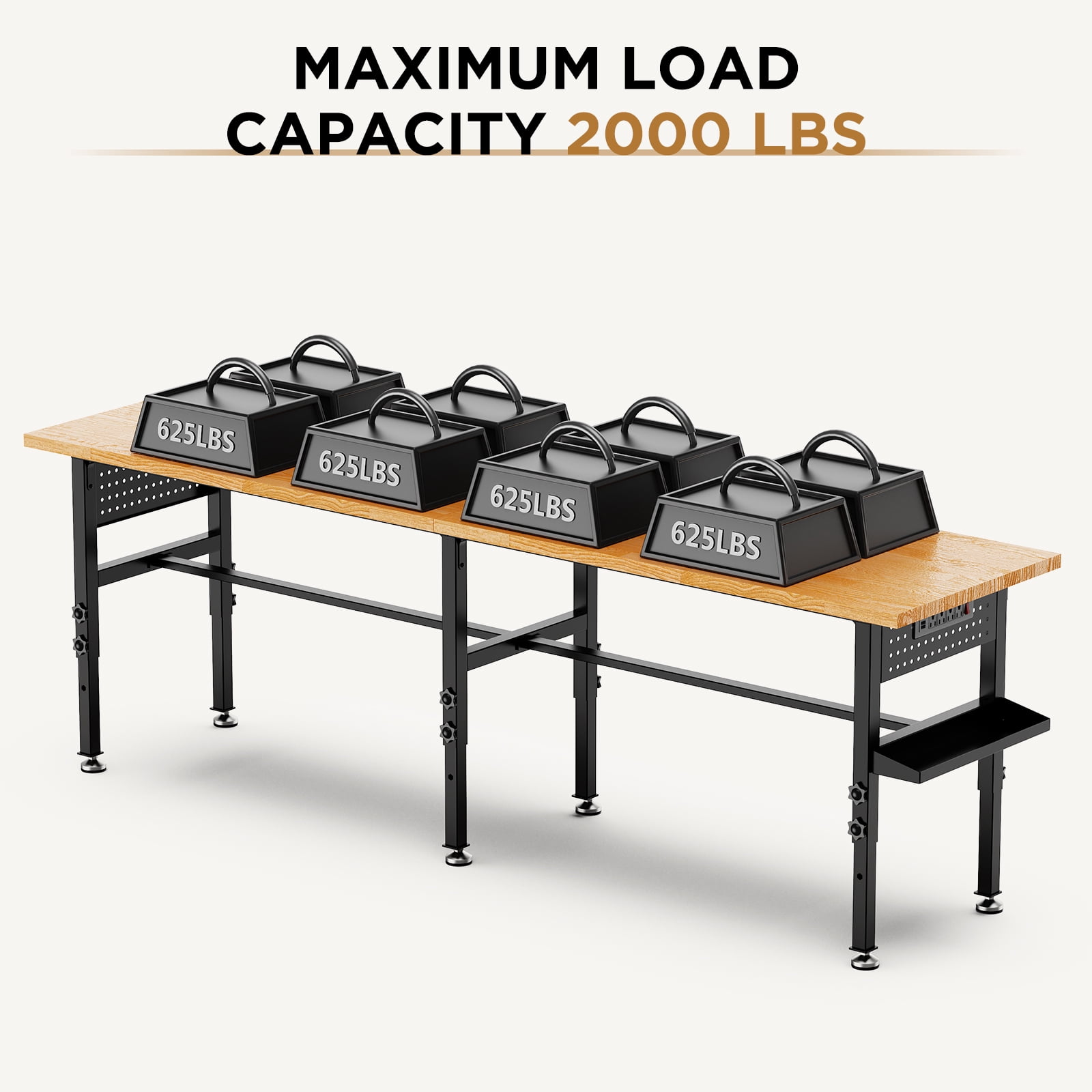 96" Adjustable Workbench with Side Pegboard, Solid Wood Top, 2000 lbs Capacity, Adjustable Height Garage Work Table with Power Outlet, Storage Box, Wheels or Leveling Feet