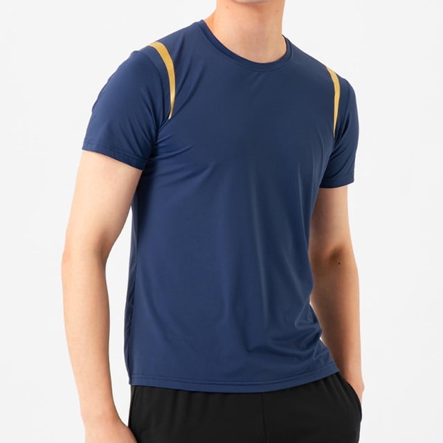 Blusas y camisas de manga corta y cuello redondo para hombre. Blusa de manga corta con cuello redondo, elástica, de color liso y empalmada.