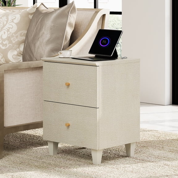 Modern End Table with Charging Station, Wooden Side Table with 2 Storage Drawers, Small Nightstand for Living Room, Beige Linen Printed