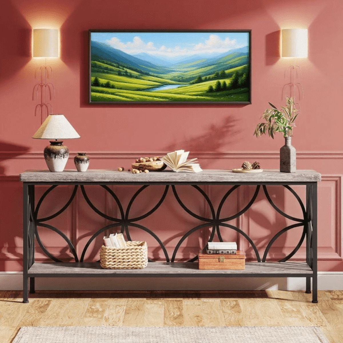 70.9" Industrial Behind Sofa Console Table - Vintage Wood Grain & Black Metal, 2-Tier Storage, 198lb Capacity, Slim Design for Entryway, Hallway, Living Room