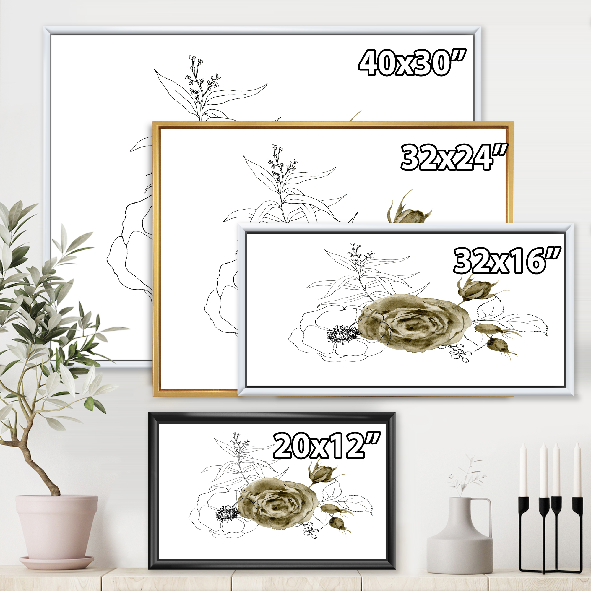 Designart 'Eucalyptus Branches With Anemone Bouquet Flower I' Traditional Framed Canvas Wall Art Print