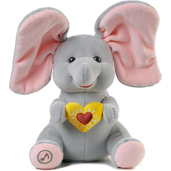 Peek a Boo Elephant Toy, Interactive Singing Plush Elephant Toy with Flapping Ears and Hearts, Musical Stuffed Animal Christmas Decoration Gift