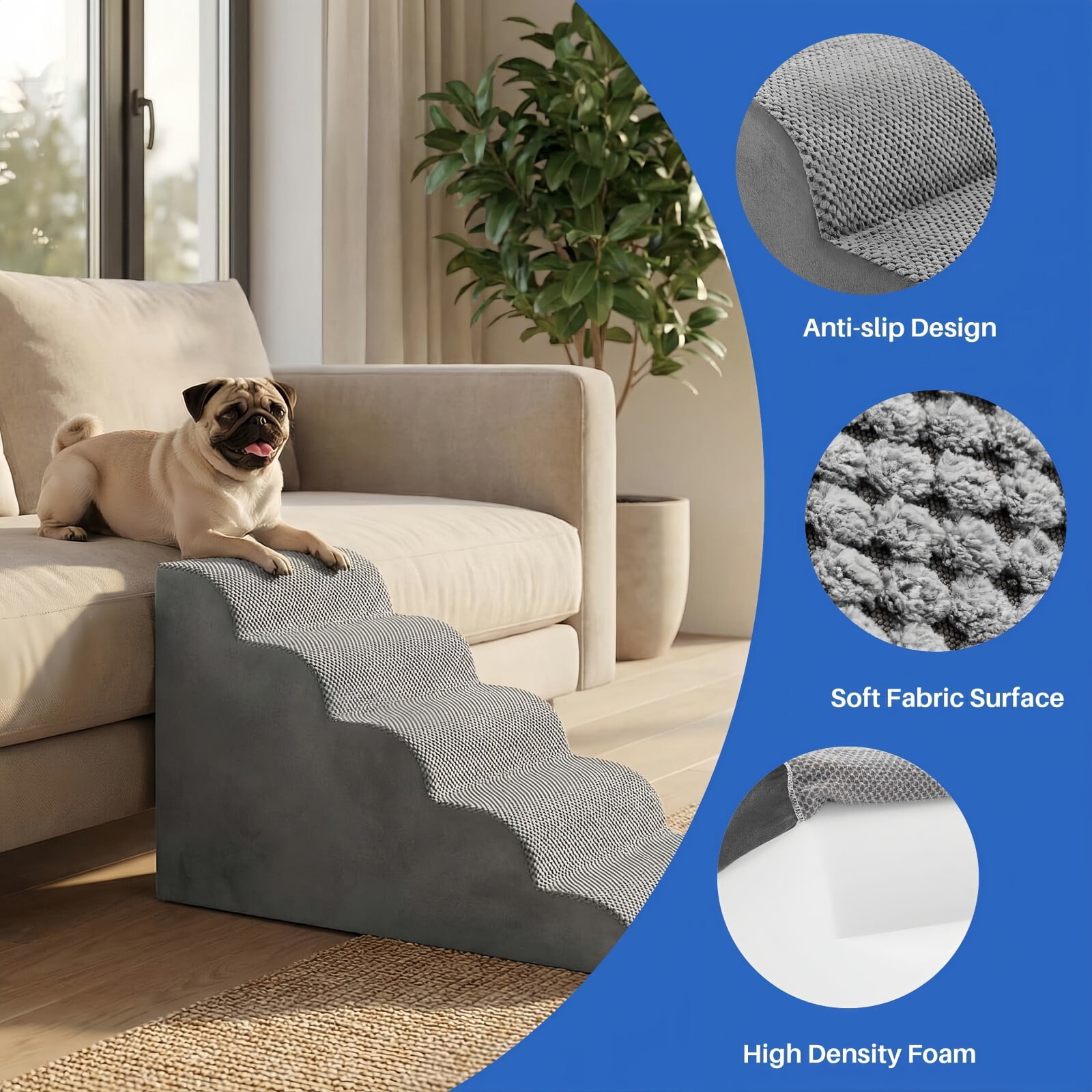 Kelno 22" Tall Dog Stair Foldable Foam Rounded Corner Pet Steps with Removable Washable Cover, Gray