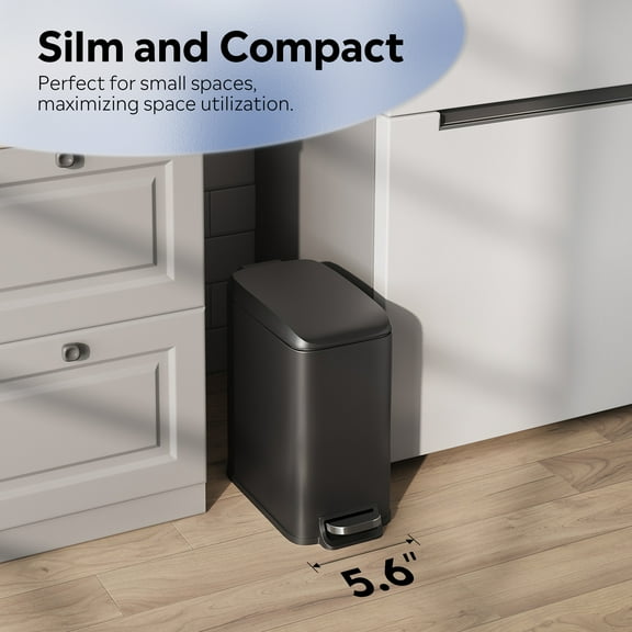 GALAXHERO Bathroom Trash Can, Lid Soft Close, Step Pedal, Stainless Steel, 1.3 Gallon, Small Garbage Can with Removable Bucket, Black