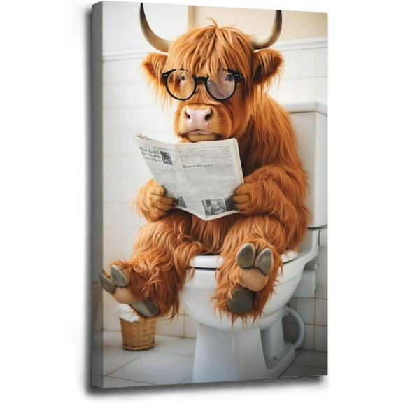 AVOI Highland cow wearing glasses sitting on toilet in bathroom reading newspaper funny bathroom wall decor animals dog gift ideas bathroom decor wall art canvas wall art Frame: 16x16in