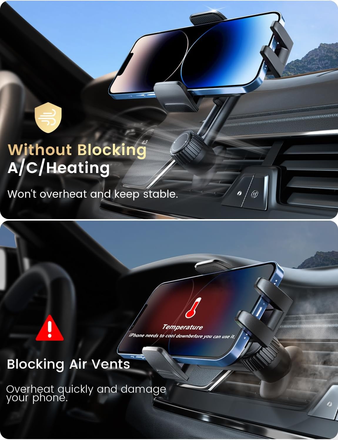 Phone Holders for Your Car: [Never Blocking] Air Vent Cell Phones Mount iPhone 17 Pro Max & Samsung Android Smartphone [Thick Cases Friendly] Hands-Free Auto Mobile Stand