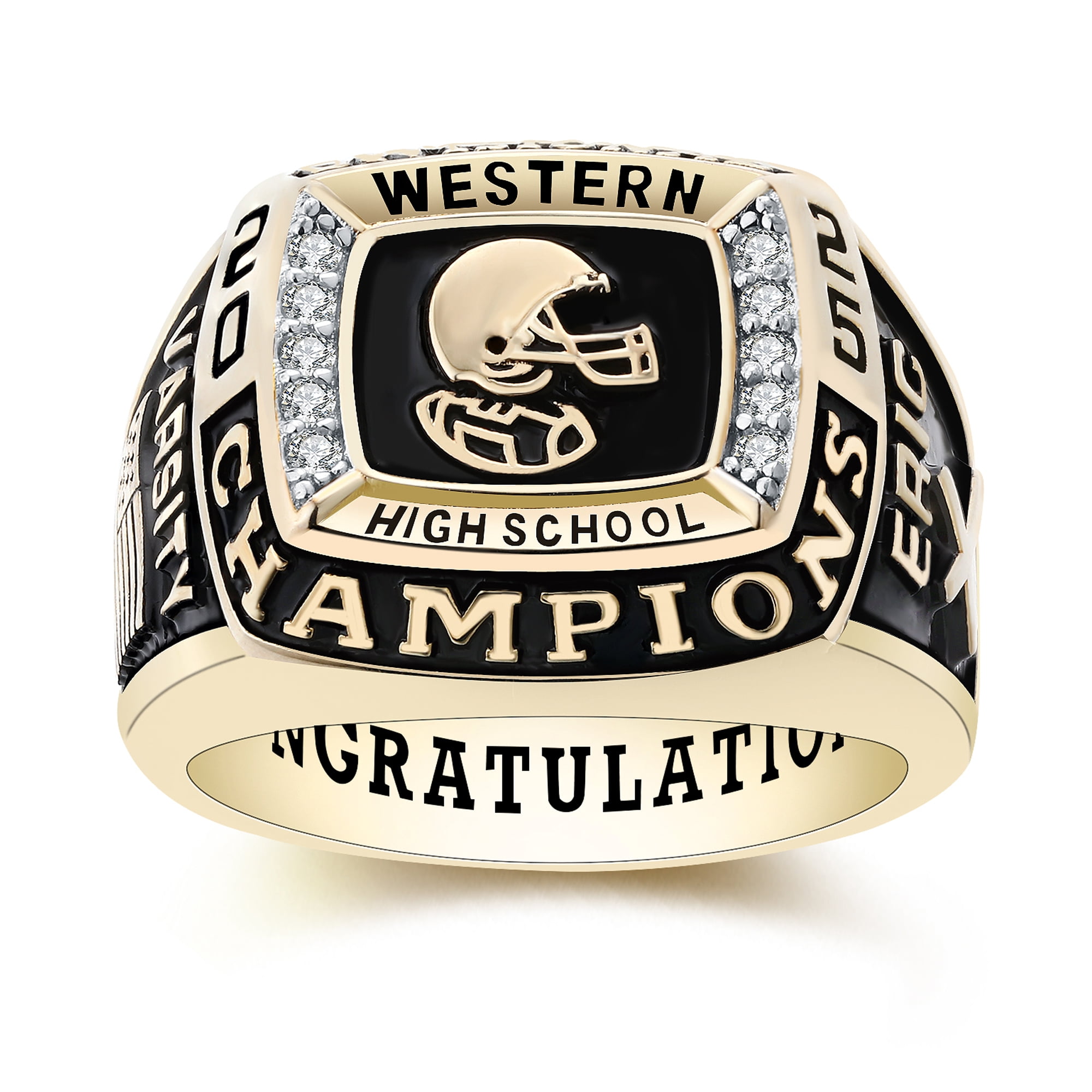 Mementos USA Custom Men's Class Rings 10kt Yellow Gold for High School and College-Champion