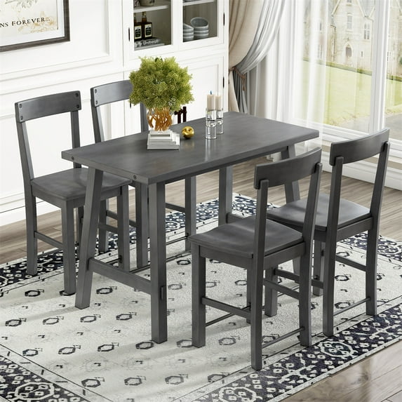 5 Piece Dining Table Set, Wood Kitchen Table Set with Table and 4 Chairs, Gray