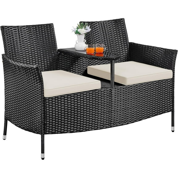 BOBOKY Patio Loveseat, Outdoor Wicker Double Chair w/Side Table, PE Rattan Furniture Set for Two People, Love Seat w/2 Removable Cushions & 1 Tempered Glass Side Table, Black/Beige