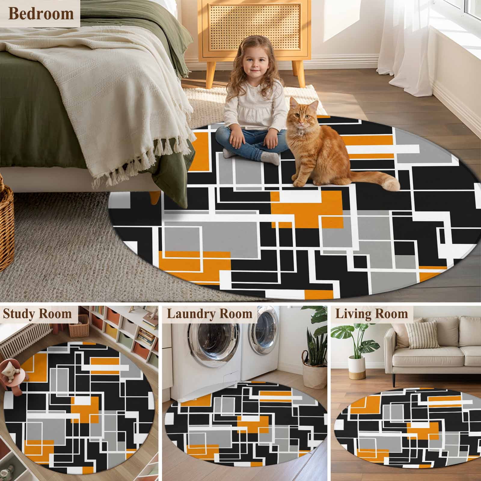 Burnt Orange Black Geometric Round Area Rug 8Ft Washable Large Circle Rugs for Living Room Dorm, Modern Color Block Abstract Non-Slip Carpet Floor Mats Indoor Outdoor Carpet Runner Home Decor
