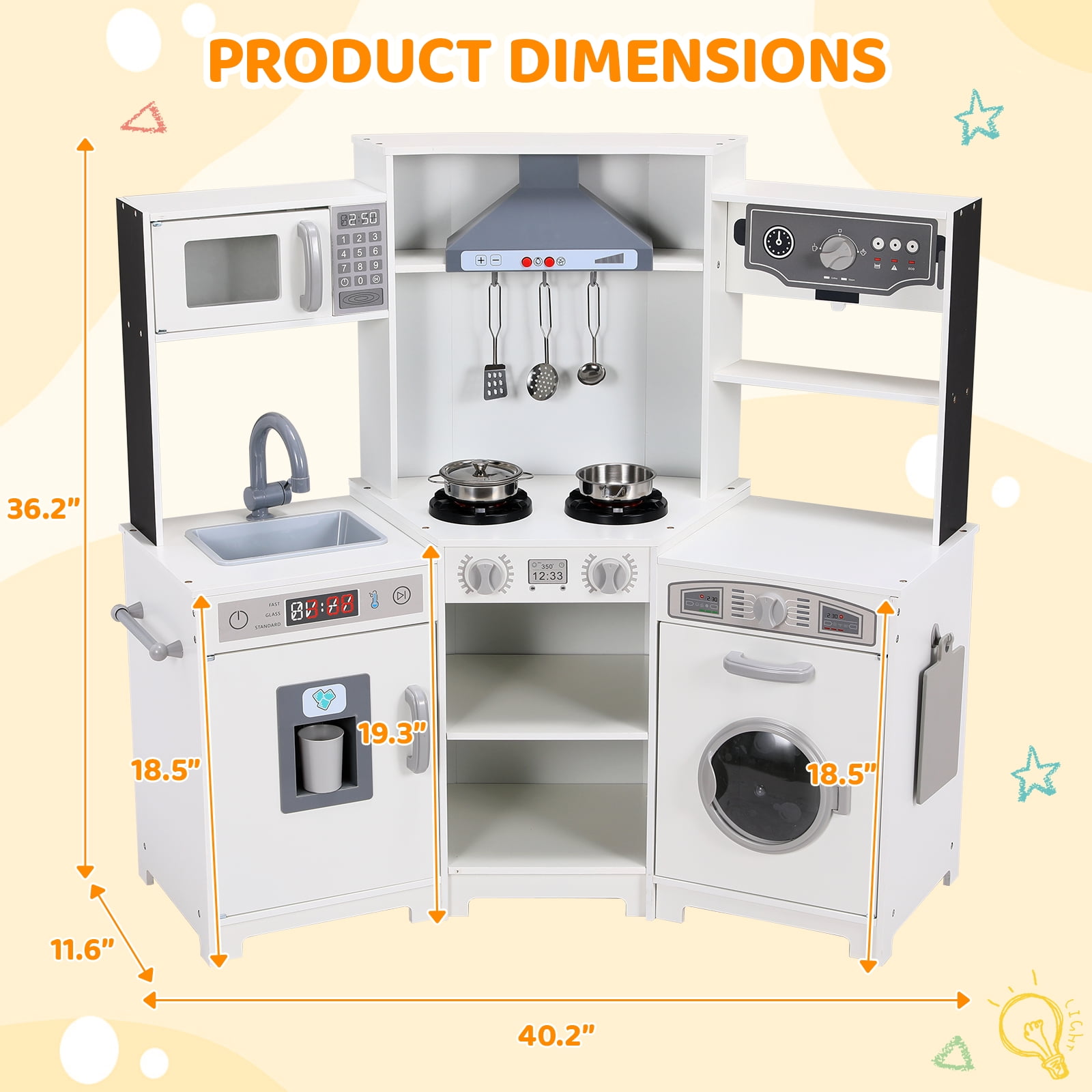 LAZY BUDDY Wooden Corner Play Kitchen for Kids with Light & Sound, Toddler Kitchen Playset Interactive Cooking Toy with Ice Maker, Towel Rack