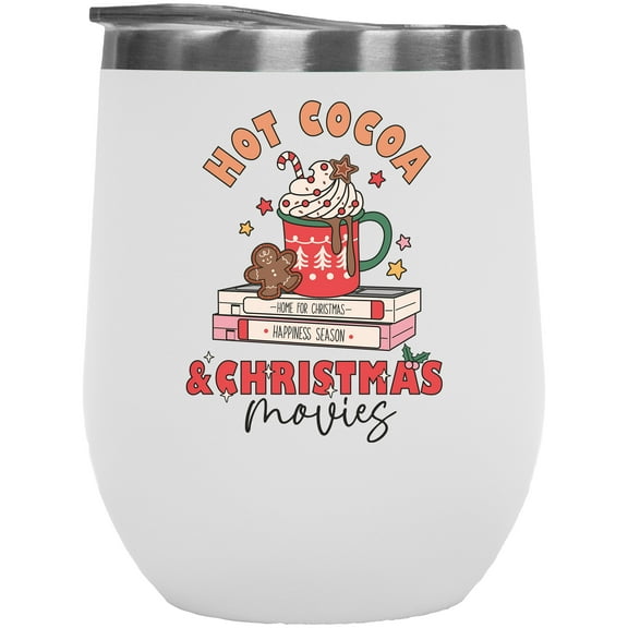 Hot Cocoa & Christmas Movies, Retro Winter Season Art Merch Gift, White 12oz Wine Tumbler