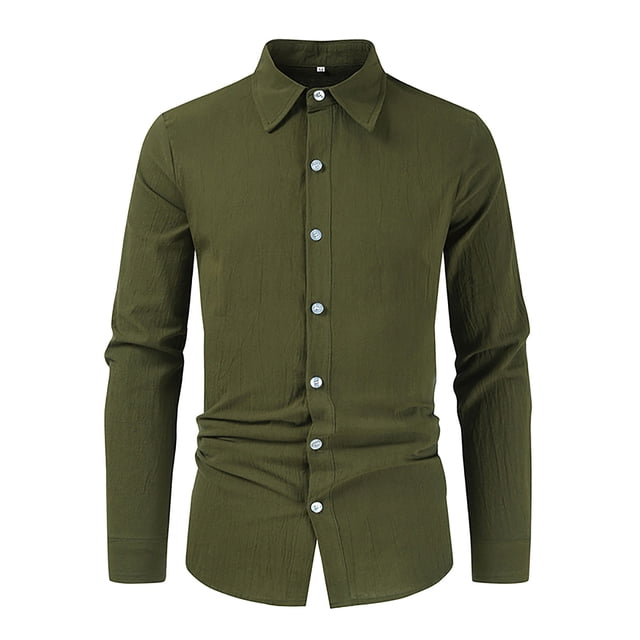 Men's Loose Cotton Linen Solid Color Lapel Long Sleeve Casual Cotton Linen Shirt Top XL