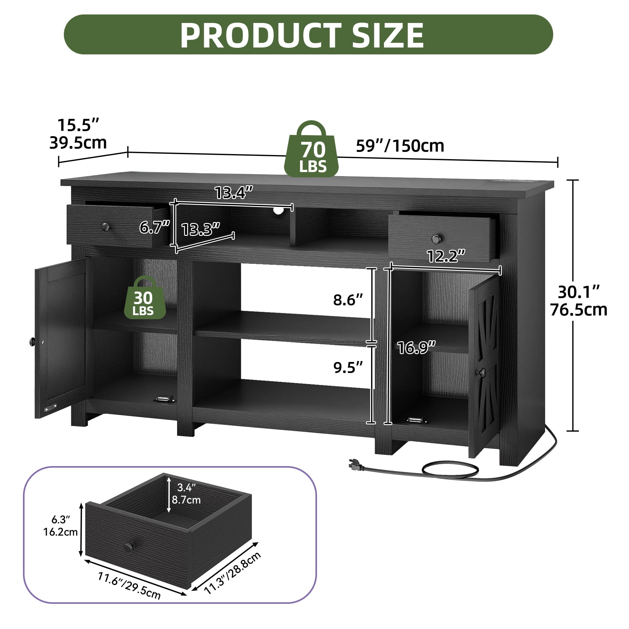 Uforic 59" Farmhouse TV Stand with Storage for Living Room, Entertainment Center for up to 65" TV, Black