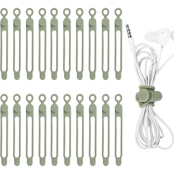 20PCS Silicone Cable Ties Straps Wire Organizer for Earphone Hook Loop Cord Keeper Green Cable Wrappers for Phone Charger Mouse Audio Computer Home Office, Kitchen, School Desk Organization