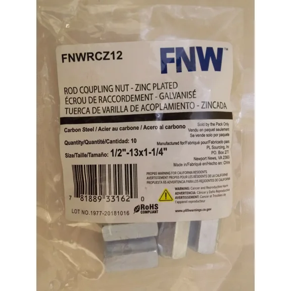 Fnw Rod Coupling Nut 1/2"-13 X 1-1/4 Fnwrcz12 Bag Of 10 , Zinc Plated