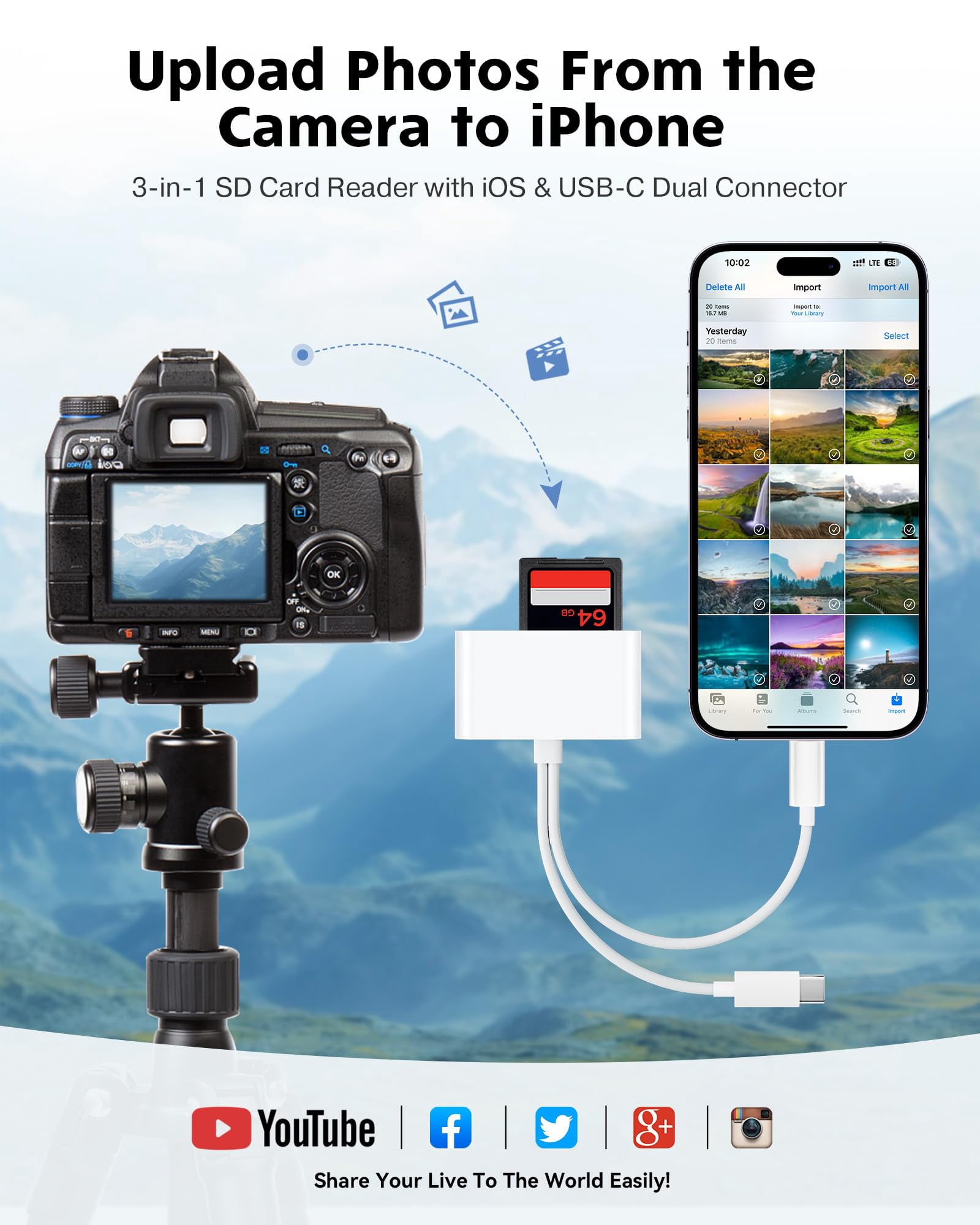 SD Card Reader for iPhone, iPad, USB C and Lightning Dual Port SD Card Adapter, Memory Card Reader for Camera Adapter, Support SD, Micro SD, USB 3.0, No App Driver Required