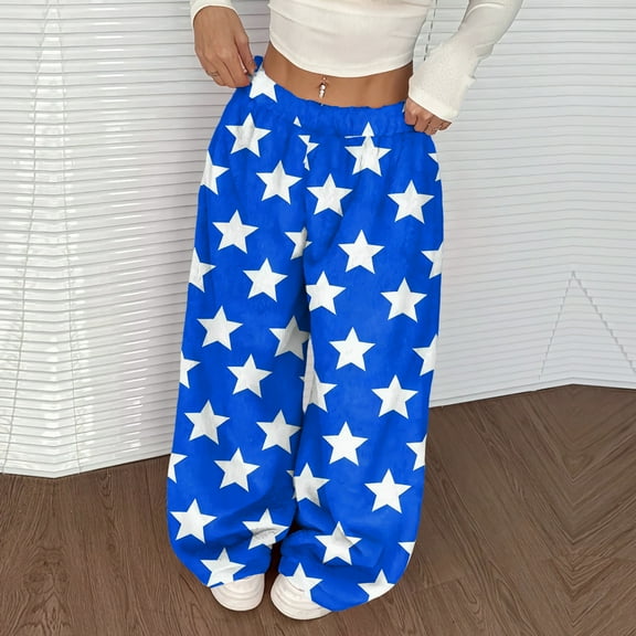 Flannel Pajama Pants Women Baggy Wide Leg Fleece Lounge Pants Soft Fluffy Star Print Pants 2025 Fashion Fall Winter High Waisted Trousers Blue XXL
