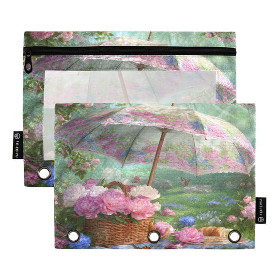 2 Pack 3 Ring Binder Pouch with Clear PVC Window Water Resistant Zipper Pencil Pouch A Large Floral Umbrella Binder Pocket for Classroom Office Home Stationery Organization
