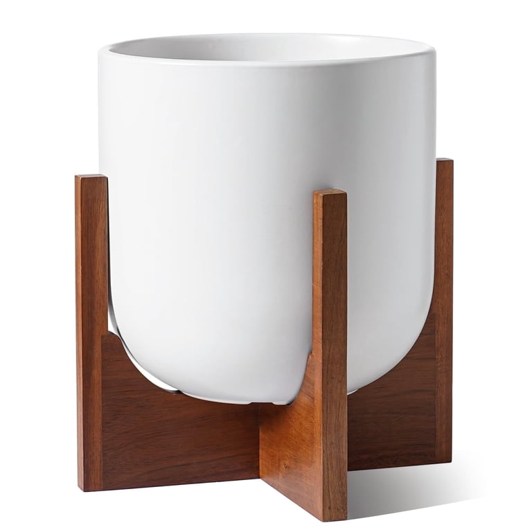 BEMAY 10" White Ceramic Plant Pot with Wood Stand photo 7
