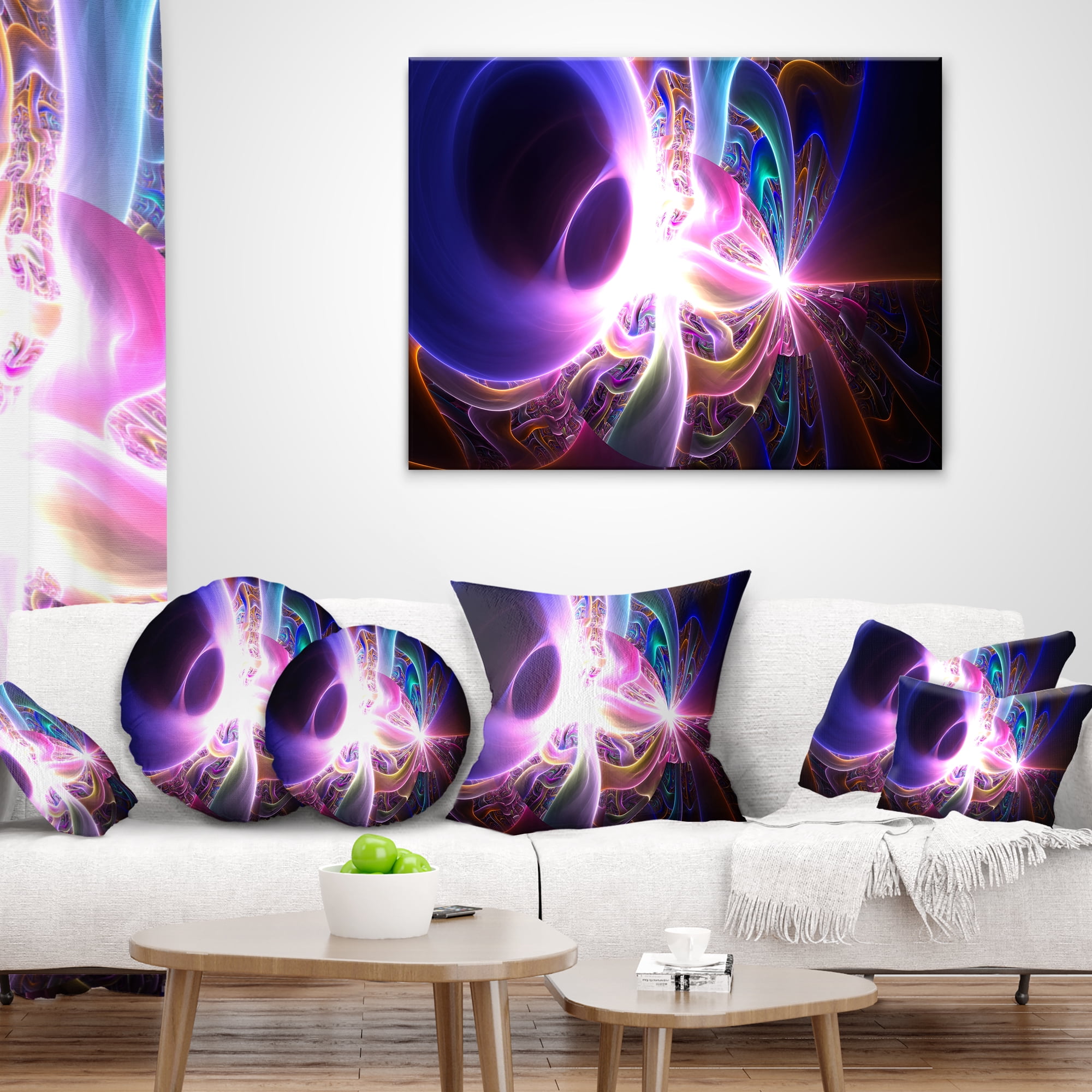 Designart Glowing Purple Design on Black - Abstract Throw Pillow - 16x16