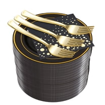 Stylish 7.5 inch Gold & Black Dessert Plates, Disposable Forks, 5x5 inch Cocktail Napkins, 100 Set