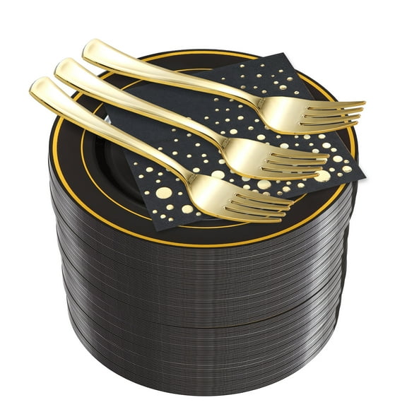 Stylish 7.5 inch Gold & Black Dessert Plates, Disposable Forks, 5x5 inch Cocktail Napkins, 100 Set