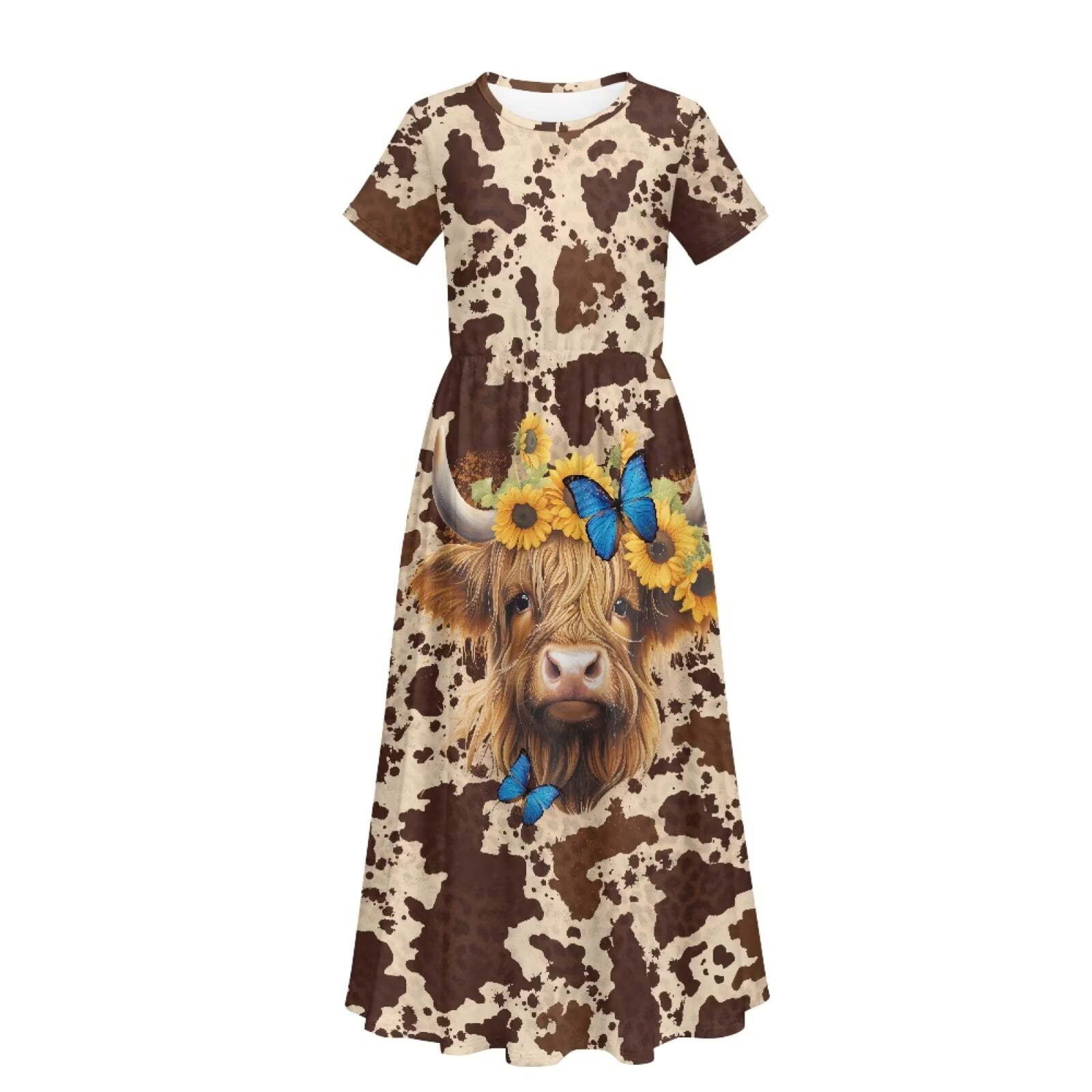 Uourmeti Brown Highland Cow Print Girls Summer Short Sleeve Dress Crew Neck Loose Casual Flowy Tiered Maxi Dress with Pockets Cute Clothes, Size 13-14 Years