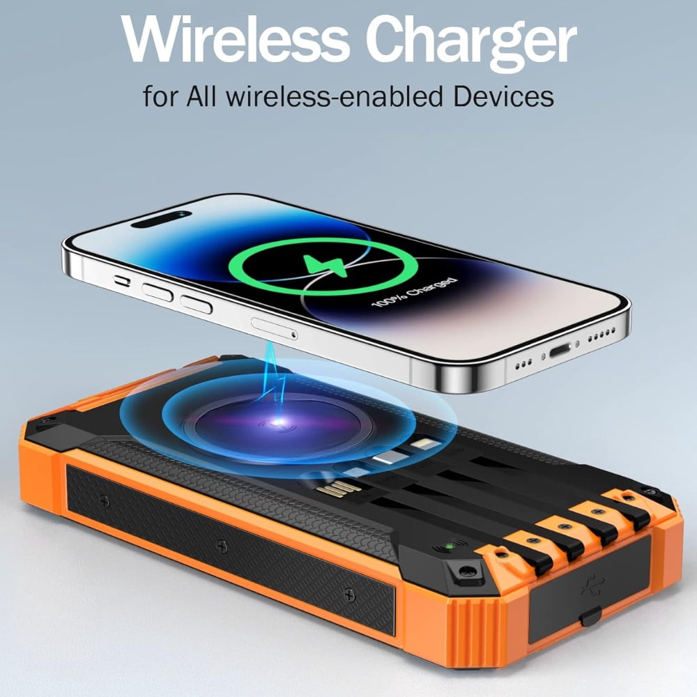 Power Bank Wireless Charger 20000mAh Built in 4 Cables Six Outputs 15W Fast Charging Power Bank for All Mobile Devices Three Inputs Solar Portable Charger with Dual Flashlights, Carabiner