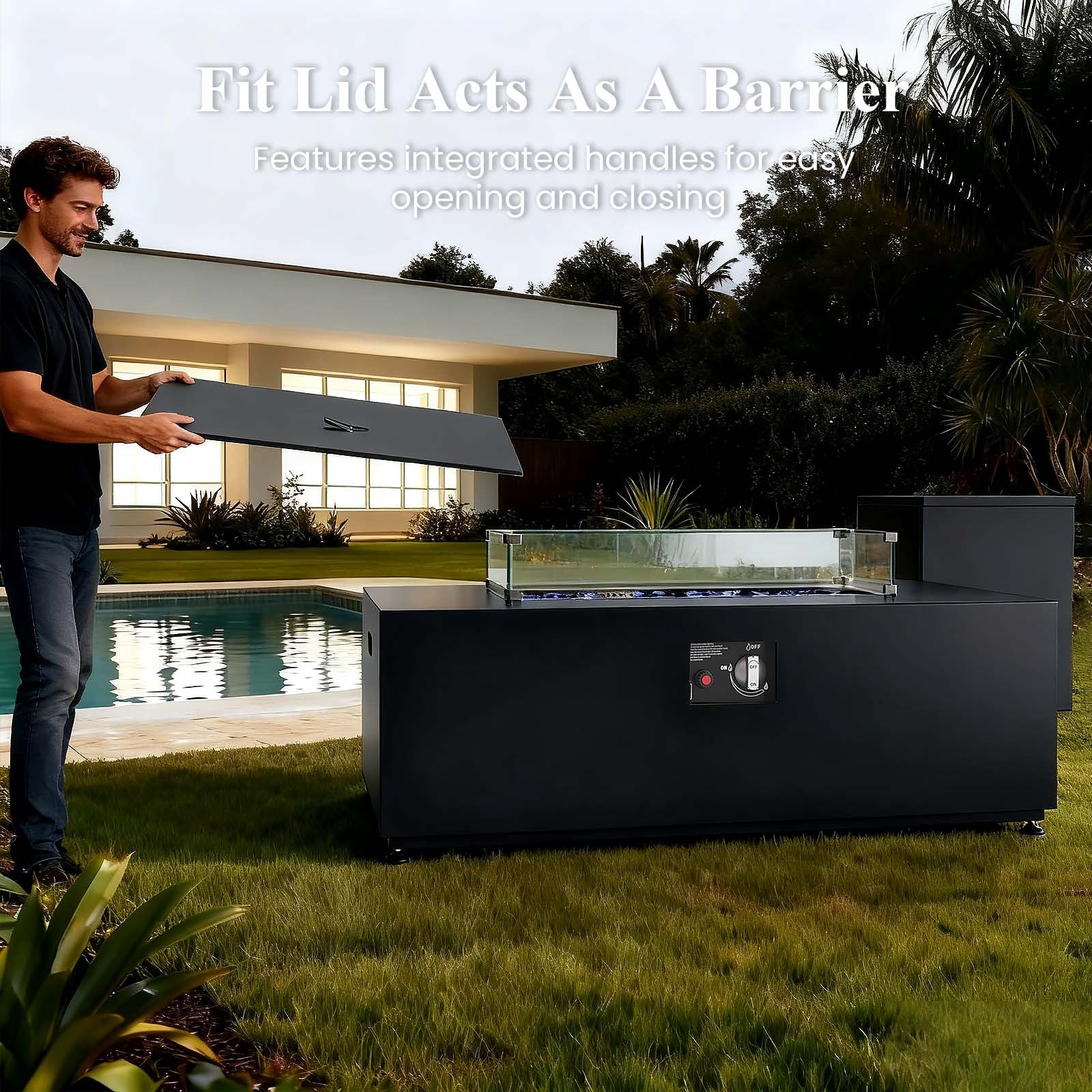 LayinSun 42 Inch Outdoor Fire Pit Table for Outside Patio, 55000BTU Rectangle Propane Firepit with Hidden Fuel Tank, Glass Wind Guard, Waterproof Cover and Lid