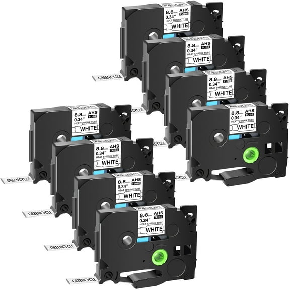 GREENCYCLE 8PK Compatible for Brother P-touch HSE-221 HS-221 HSe221 HS221 8.8mm 0.34" Black on White Heat-shrink Label Tape