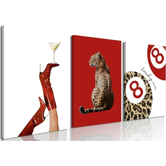 Trendy Leopard Canvas Wall Art Set of 3 - Pink Cheetah Prints Wall Decor Pictures, Funky Lucky You 8 Ball Poster Preppy Aesthetic Paintings, for Girls Bedroom Dorm Apartment 12x16 inch d