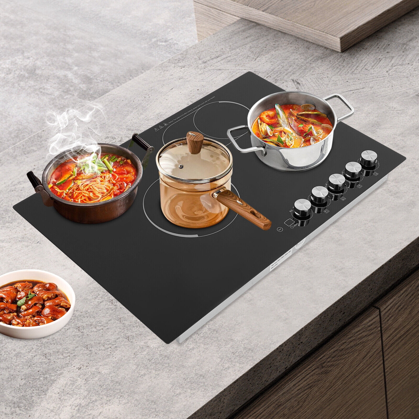 4 Burners Electric Cooktop, Knob Control Built-in Ceramic Cooktop, 23" Radiant Electric Cooktop Stovetop with Timer, 5 Heating Level, 3400W, 110V, Hard Wire