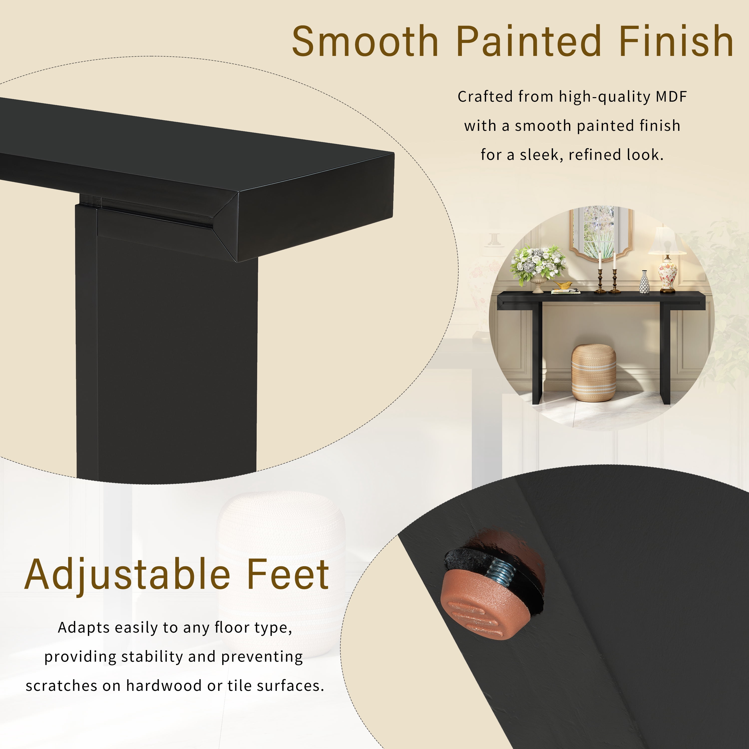 Large 60" Console Table with Geometric Clean Lines Design, Entryway Table with Painted Finish and Adjustable Feet, Suitable for Living Room, ntryway, Hallway