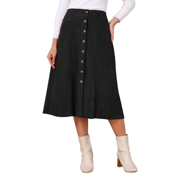 INSPIRE CHIC Women's Corduroy A Line Skirts Fall Winter High Waist Midi Skirt Button Down with Pockets Work Office Outfit S Black