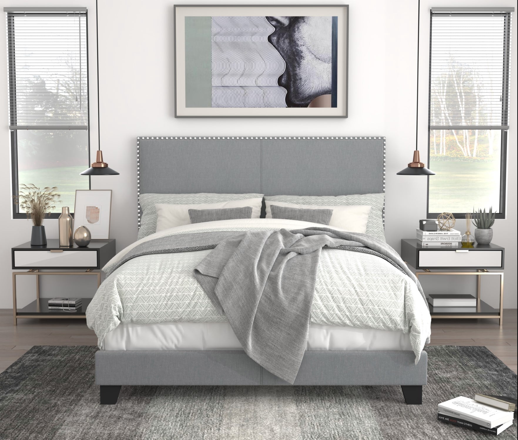 Home Design Ace King Nailhead Trim Linen Upholstered Bed Frame with Solid Wood Frame and Silver Nailhead, Light Gray, Easy assembly
