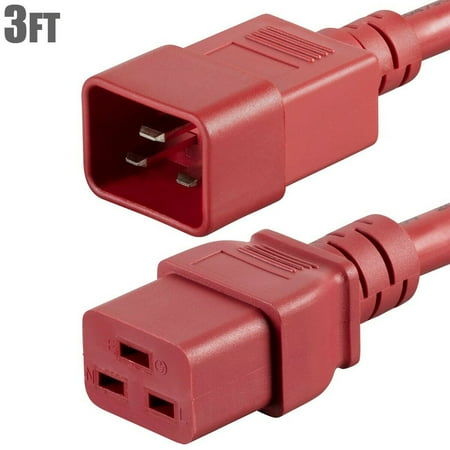 3FT Power Extension Cord Cable IEC 60320 C20 Male to C19 Female 12 Gauge 20A Red