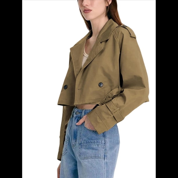 Chaqueta Corta de Ciclismo para Mujer, Gabardina Informal Cruzada con Cinturón Marrón Oscuro S