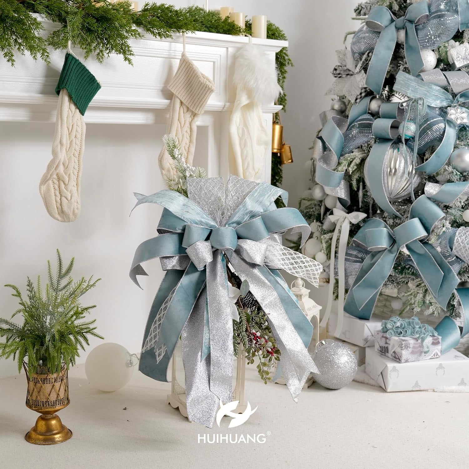 Christmas Velvet Wired Ribbon 4 inch Dusty Blue Velvet with Silver Glitter Wired Ribbon for X-mas Trees Decoration, Large Bows, Holiday Crafts, Wreaths Supplies- Continuous 10 Yards