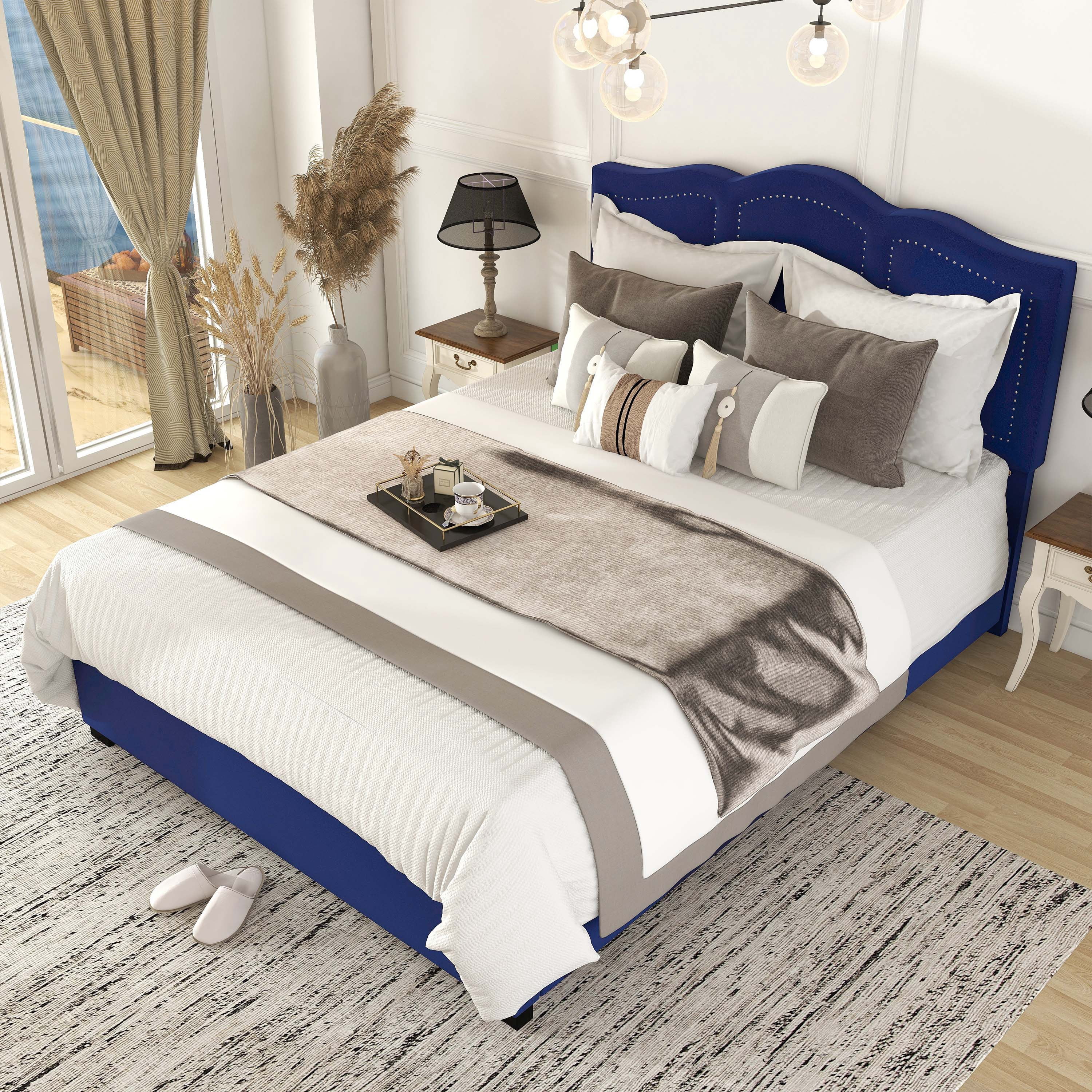 Alameda Fabric Upholstered Queen Bed with Drawers in Navy